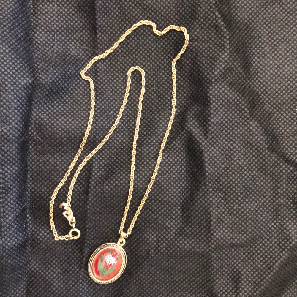 18” Gold Chain Necklace with Red Oval Pendant